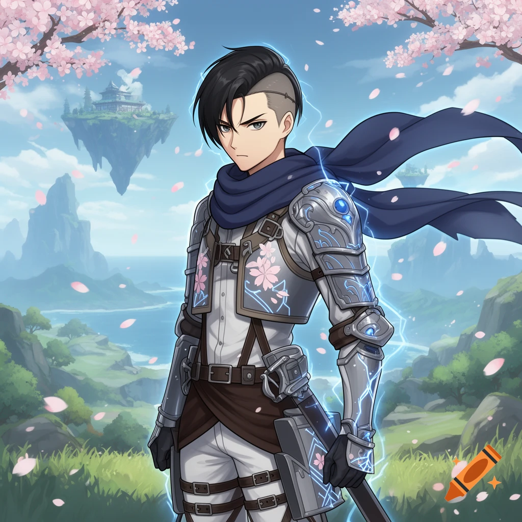 Anime male warrior in silver armor and blue scarf stands amidst a fantasy landscape with cherry blossoms and floating islands.