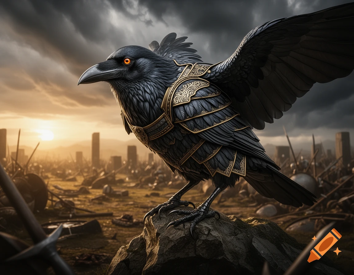 A majestic raven in intricate gold and black warrior armor stands on a rock, overlooking a chaotic battlefield at sunset under a stormy sky.