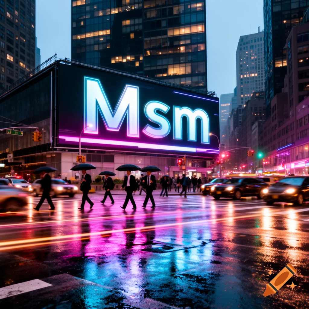 A night cityscape with a large, glowing "Msm" billboard overlooking a wet street with pedestrians holding umbrellas and blurred car lights.