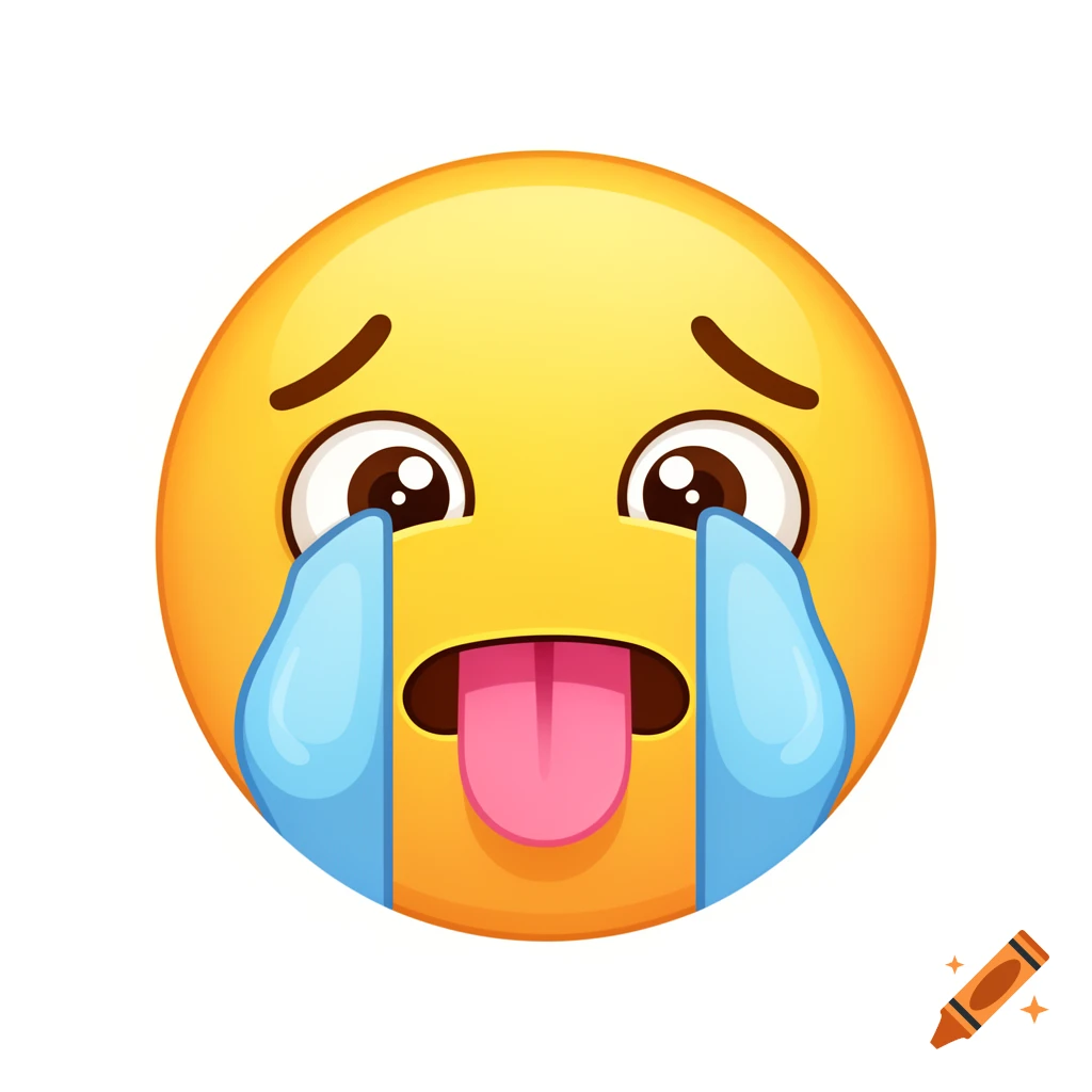 A yellow crying emoji with big blue tears streaming down its cheeks and its pink tongue sticking out.
