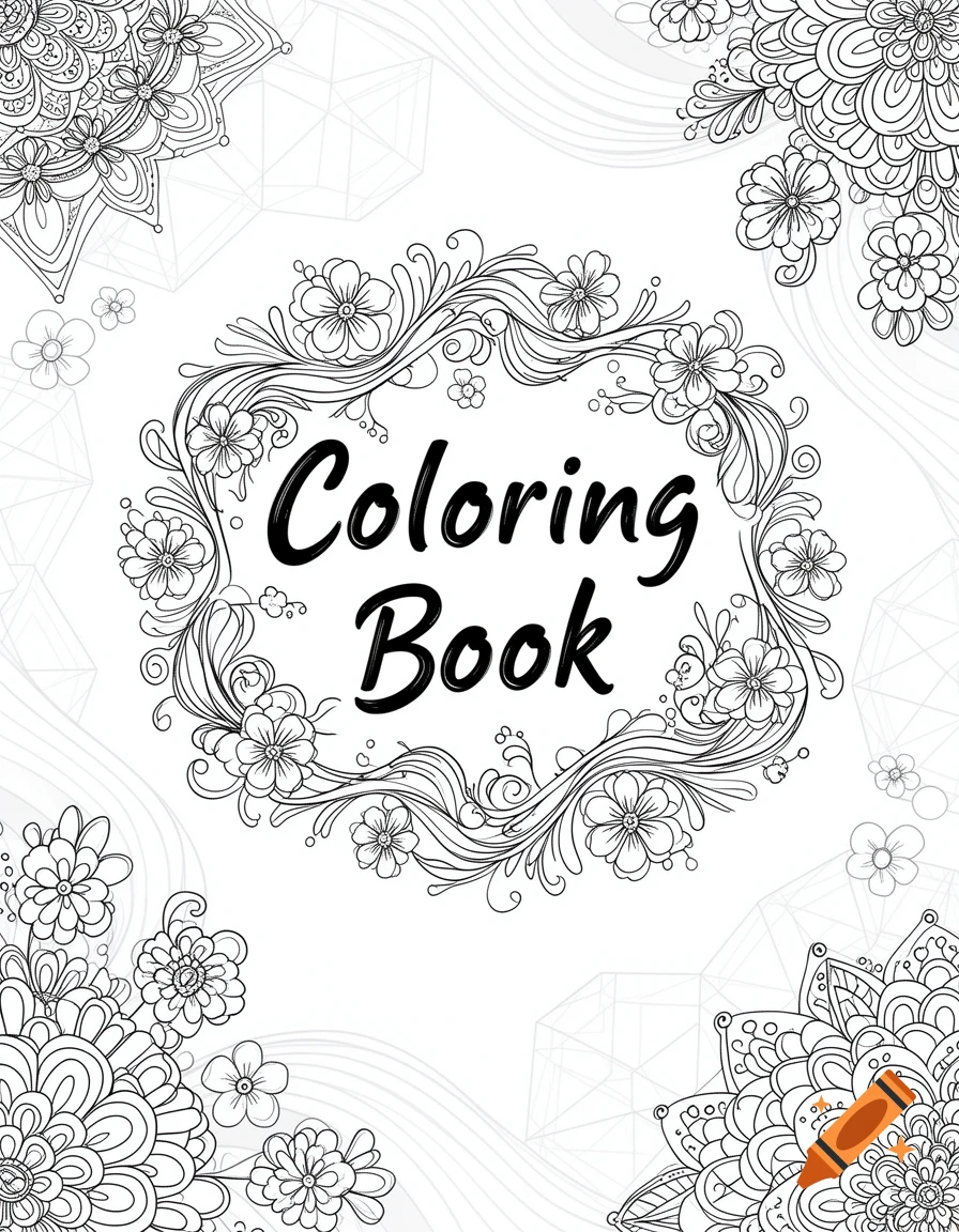 Black and white coloring book cover featuring the text 'Coloring Book' surrounded by intricate floral and mandala line art designs.