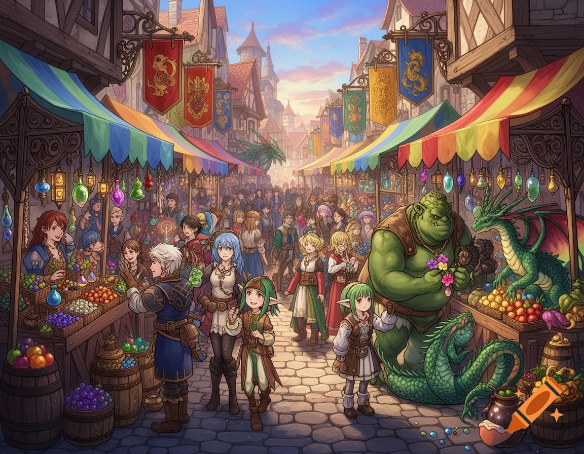 A vibrant anime-style fantasy marketplace bustling with diverse people and creatures among colorful stalls under a clear sky.