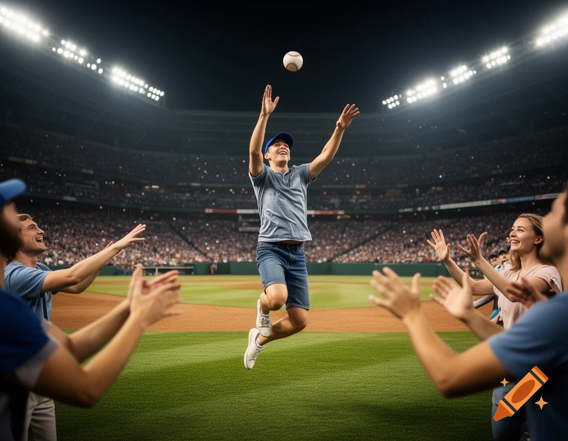 A man in a baseball cap jumps to catch a baseball on the field of a crowded stadium, surrounded by other excited fans reaching out, in a photorealistic style.