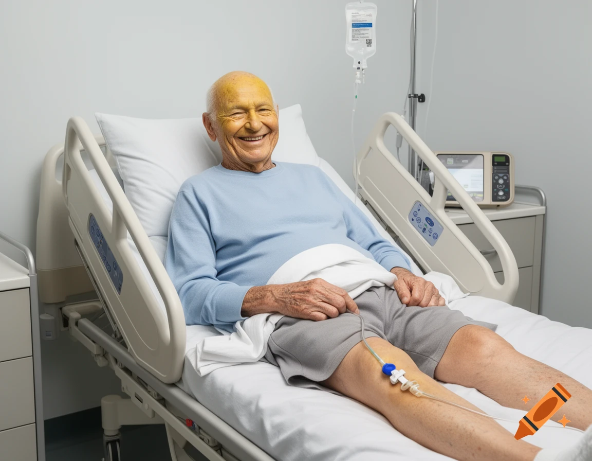 A smiling elderly man with jaundiced skin lies in a hospital bed with raised side rails, an IV bag, and a line attached to his thigh.