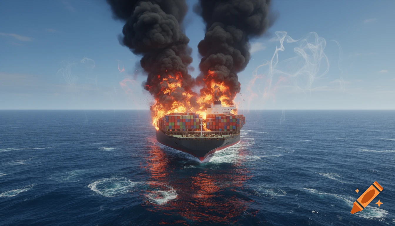 A massive container ship is ablaze in the middle of the ocean, with thick black smoke billowing into the sky, rendered photorealistically.
