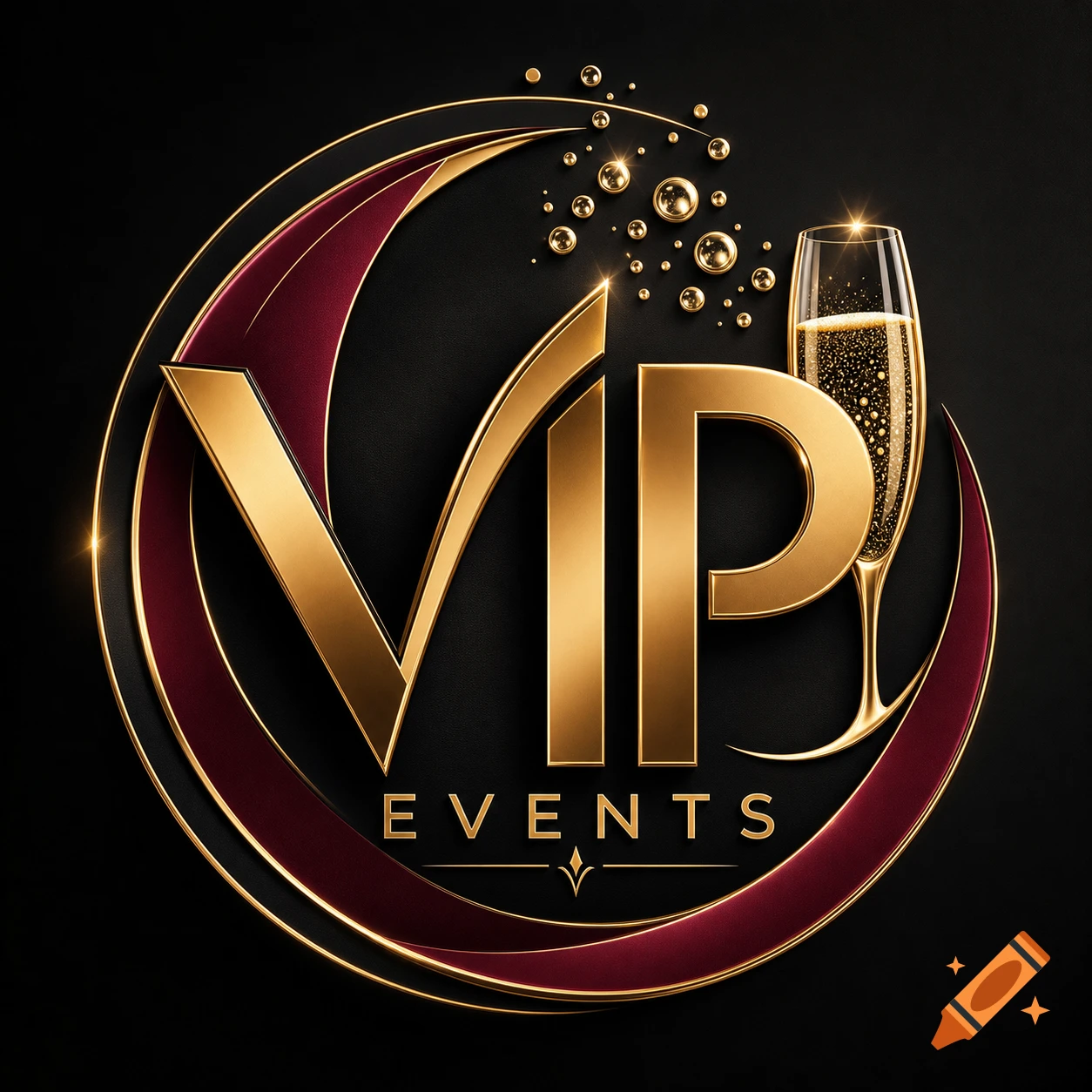 A luxurious gold and maroon logo for 'VIP EVENTS' featuring bold text, elegant curves, and a champagne glass with bubbles.