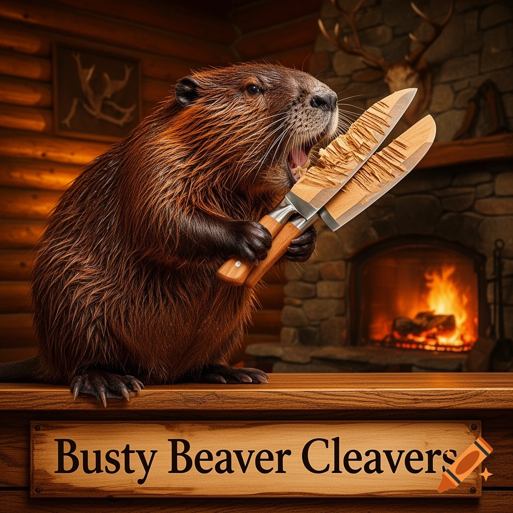A photorealistic beaver holds two wooden cleavers on a counter in a rustic cabin with a fireplace, a sign below reads 'Busty Beaver Cleavers'.