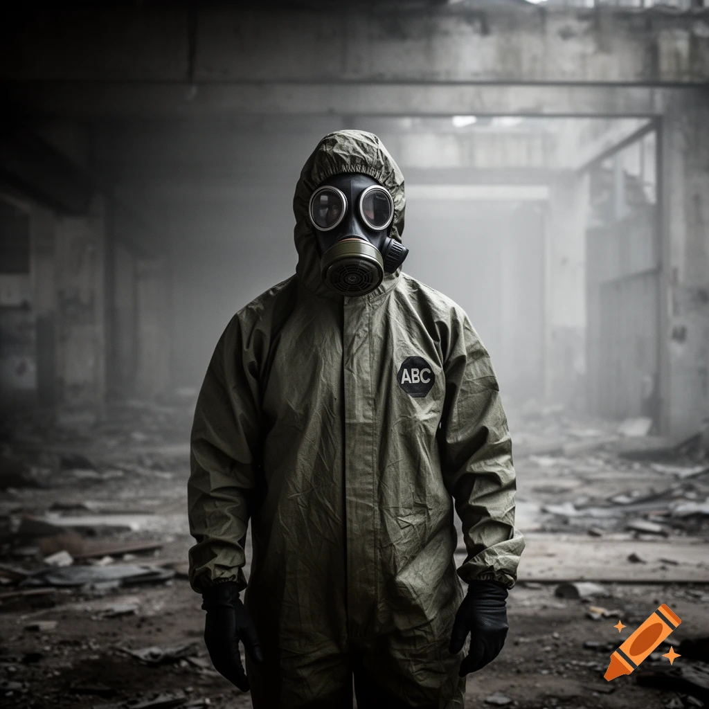 A person in a gas mask and olive green hazmat suit with an 'ABC' patch stands in a dusty, ruined industrial building.