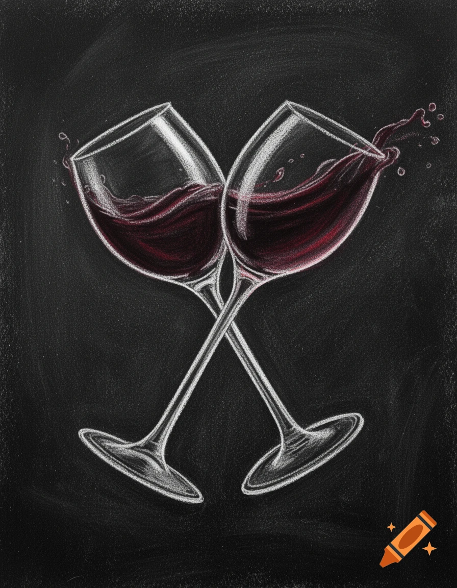 Chalk drawing of two red wine glasses clinking, one splashing, on a black background.