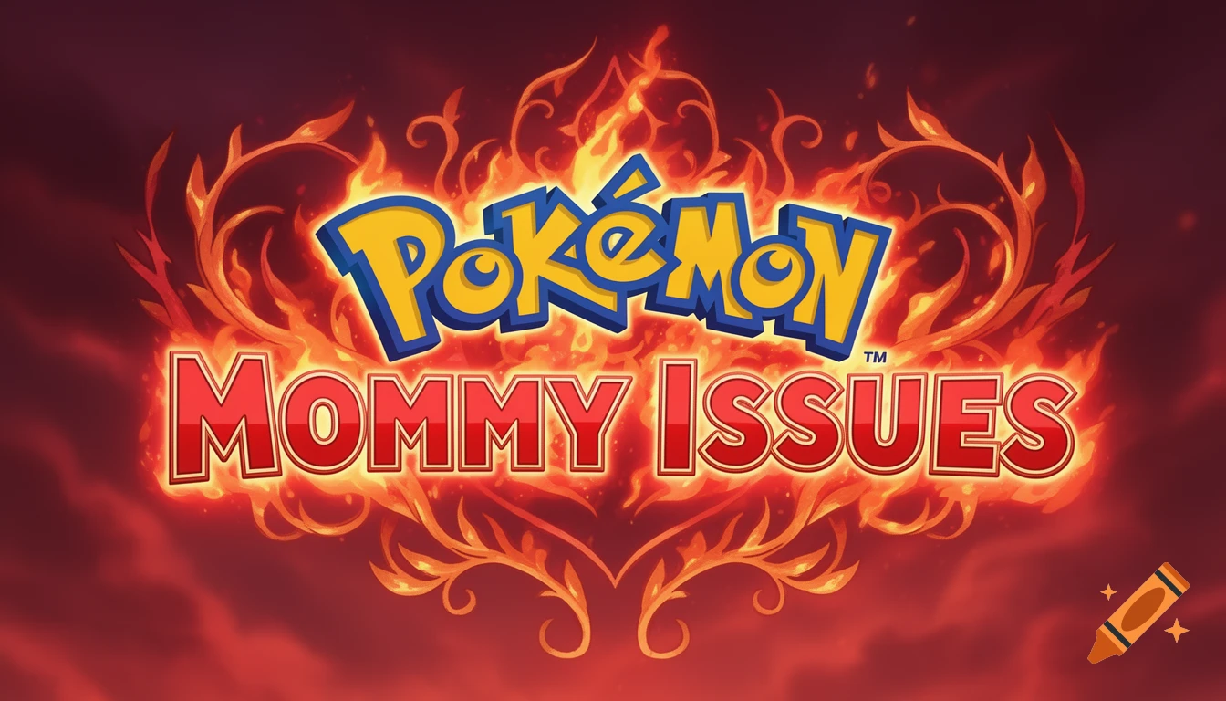 Stylized title card reading 'Pok 00e9mon: Mommy Issues' surrounded by red and orange flames on a dark background.