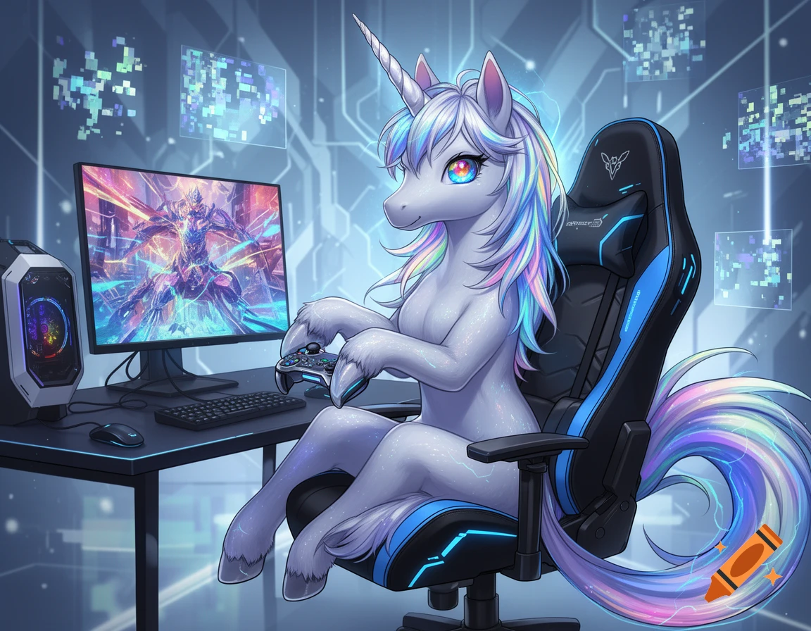 An anime unicorn with rainbow mane and tail sits in a gaming chair, holding a controller and playing a video game on a PC with a futuristic background.