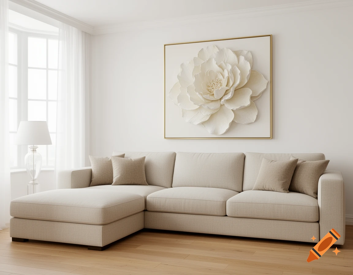 An elegant, minimalist living room with a beige sectional sofa, a large white floral artwork, a lamp, and sheer curtains.