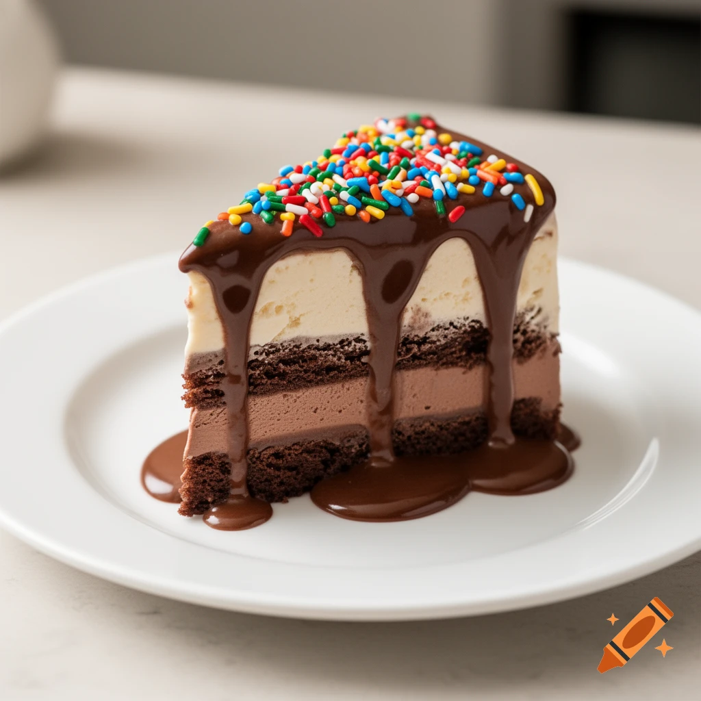A slice of ice cream cake with chocolate cake layers, chocolate and vanilla ice cream, topped with chocolate sauce and rainbow sprinkles on a white plate.