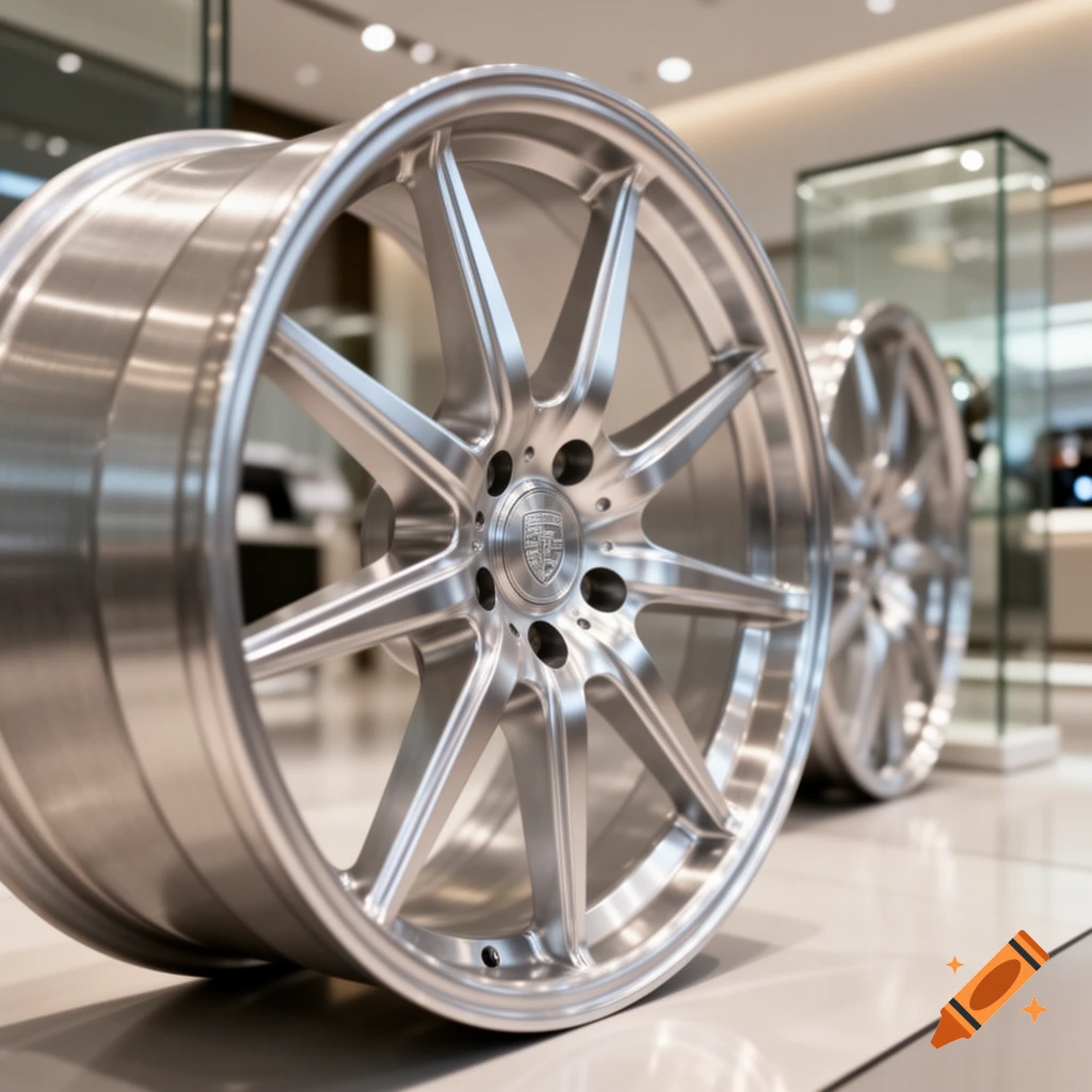 Two polished silver multi-spoke car wheels are displayed in a bright showroom, one in the foreground and one out of focus.