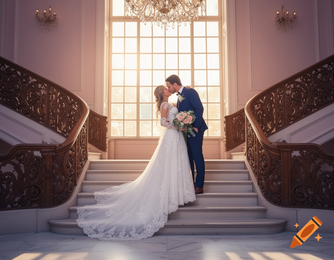 Photorealistic image of a bride and groom kissing on a grand ornate staircase in front of a sunlit window.