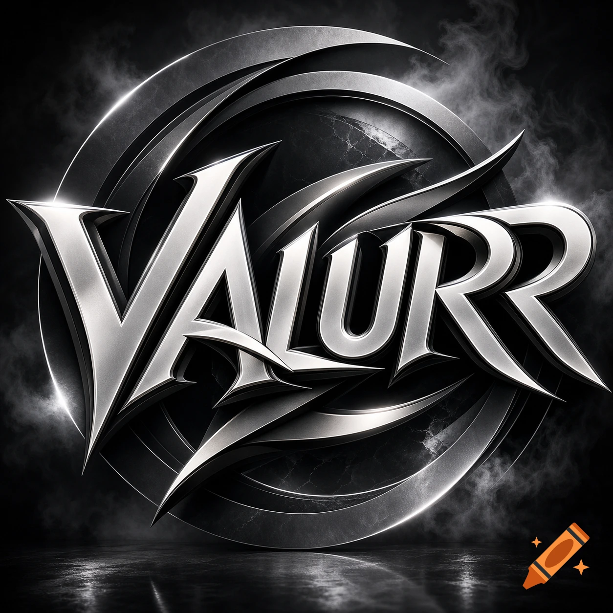 A shiny, silver, metallic logo featuring the word "VALURR" in a stylized, aggressive font, set against a dark, smoky background with subtle reflections.