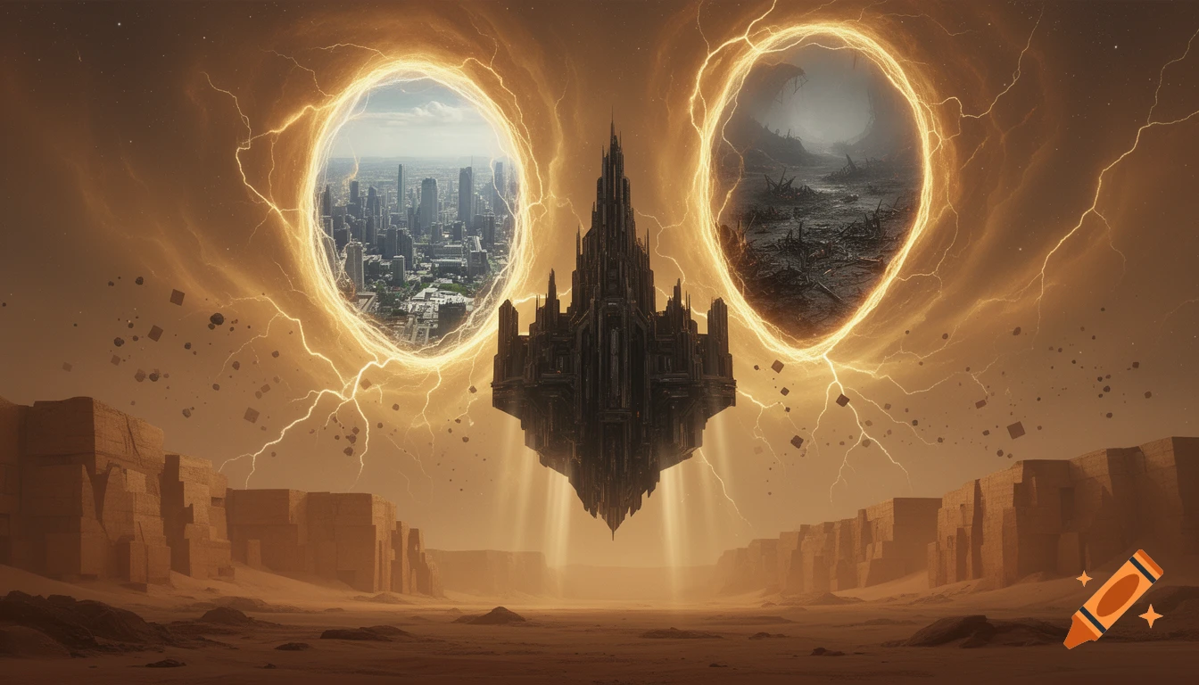 A dark, spired fortress floats above a desert, flanked by two glowing portals showing a modern city and an apocalyptic wasteland, under an orange sky with lightning.