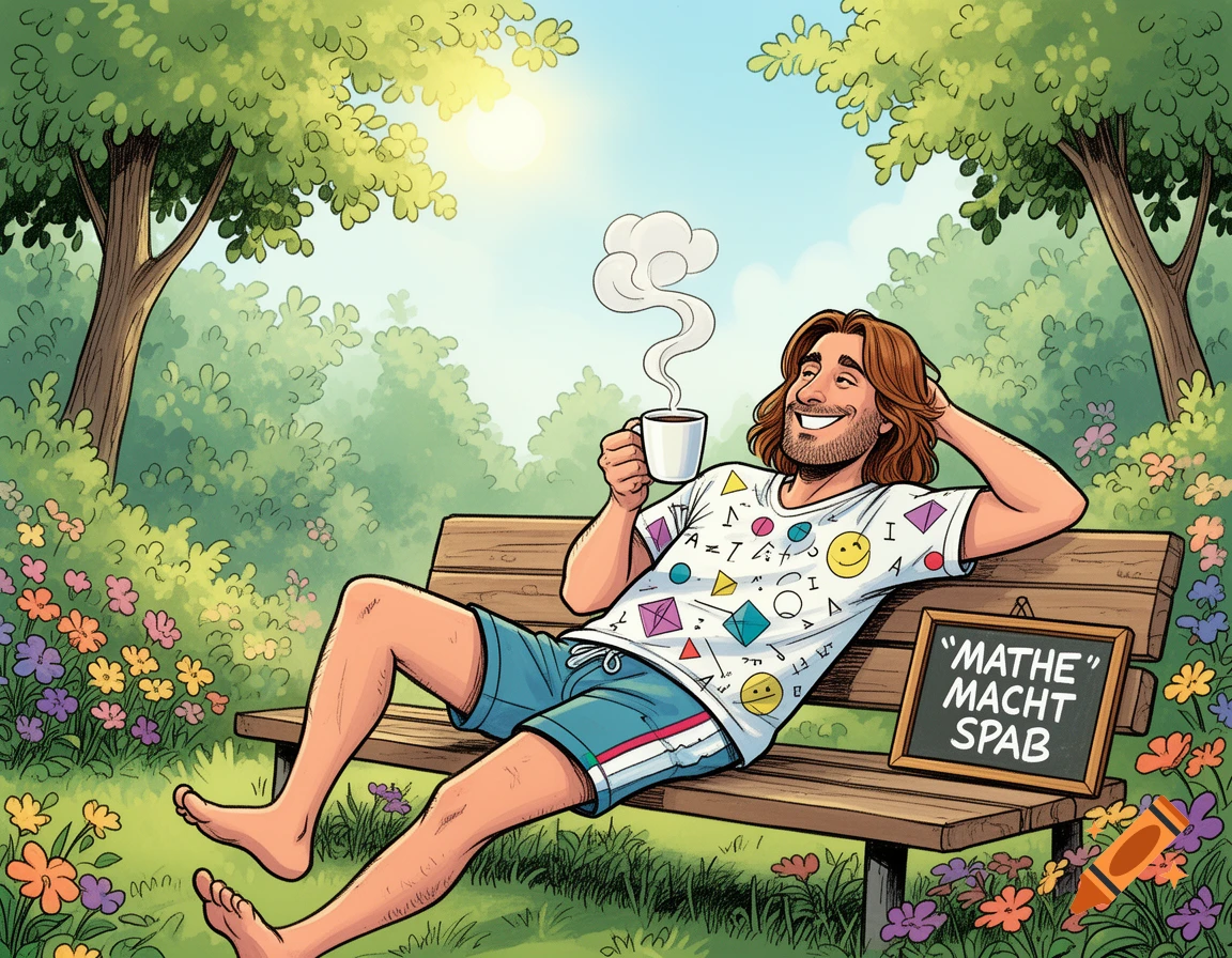 A cartoon man with long brown hair and a beard relaxes barefoot on a park bench, drinking coffee. A blackboard next to him says "MATHE MACHT SPAB".