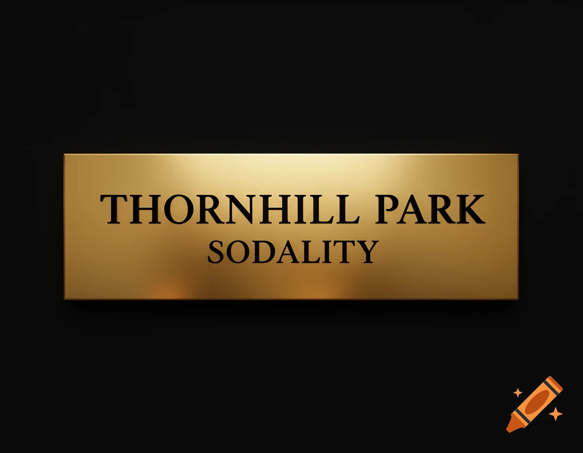 A golden name plate with the black text 'THORNHILL PARK' on the first line and 'SODALITY' on the second, against a black background.