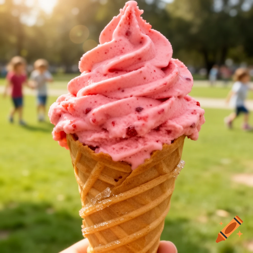 A close-up of a hand holding a pink strawberry ice cream cone in a sunny park with blurred children.