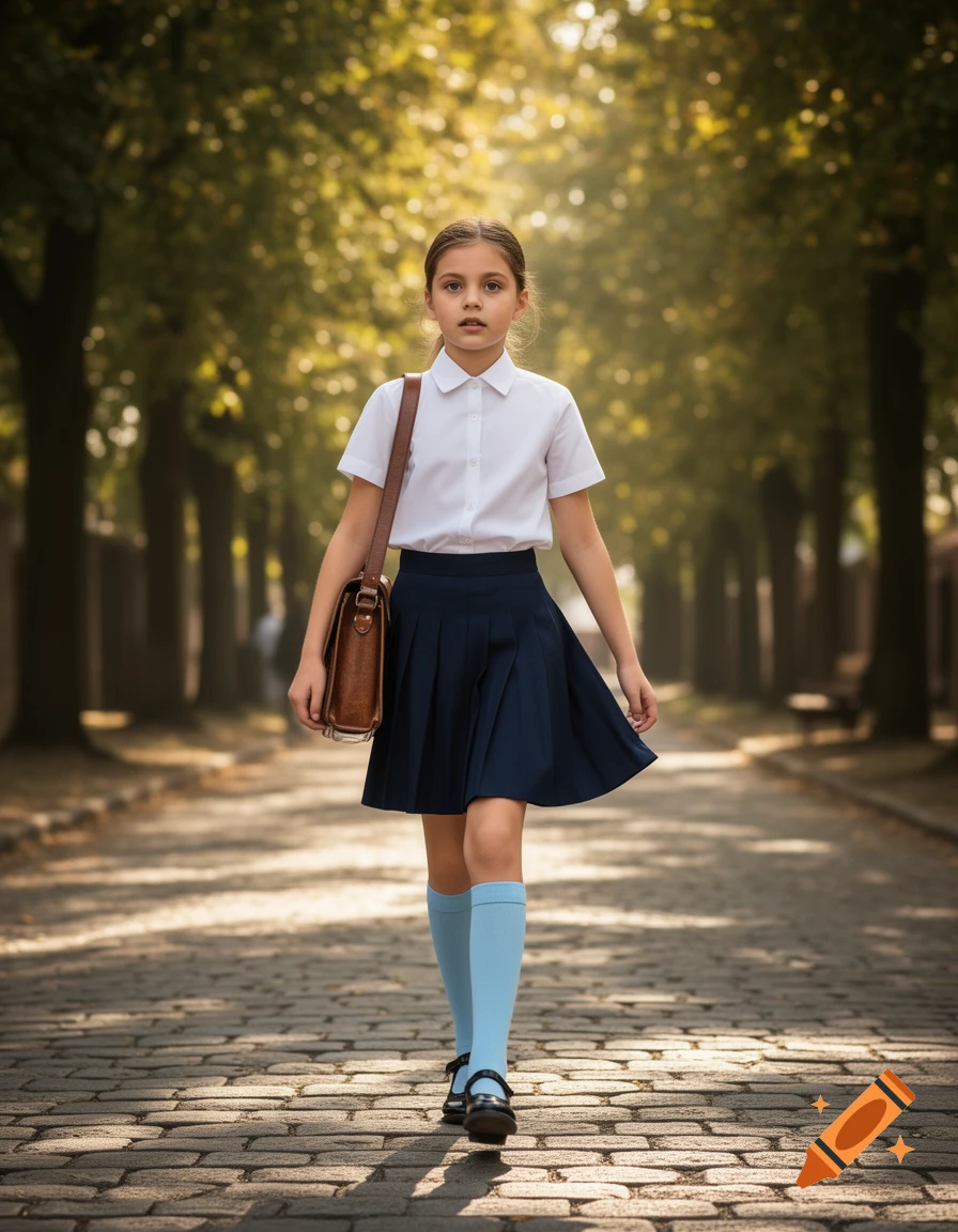 A young schoolgirl in a white shirt, blue skirt, and light blue knee socks walks down a sun-dappled, tree-lined cobblestone path, carrying a brown satchel.