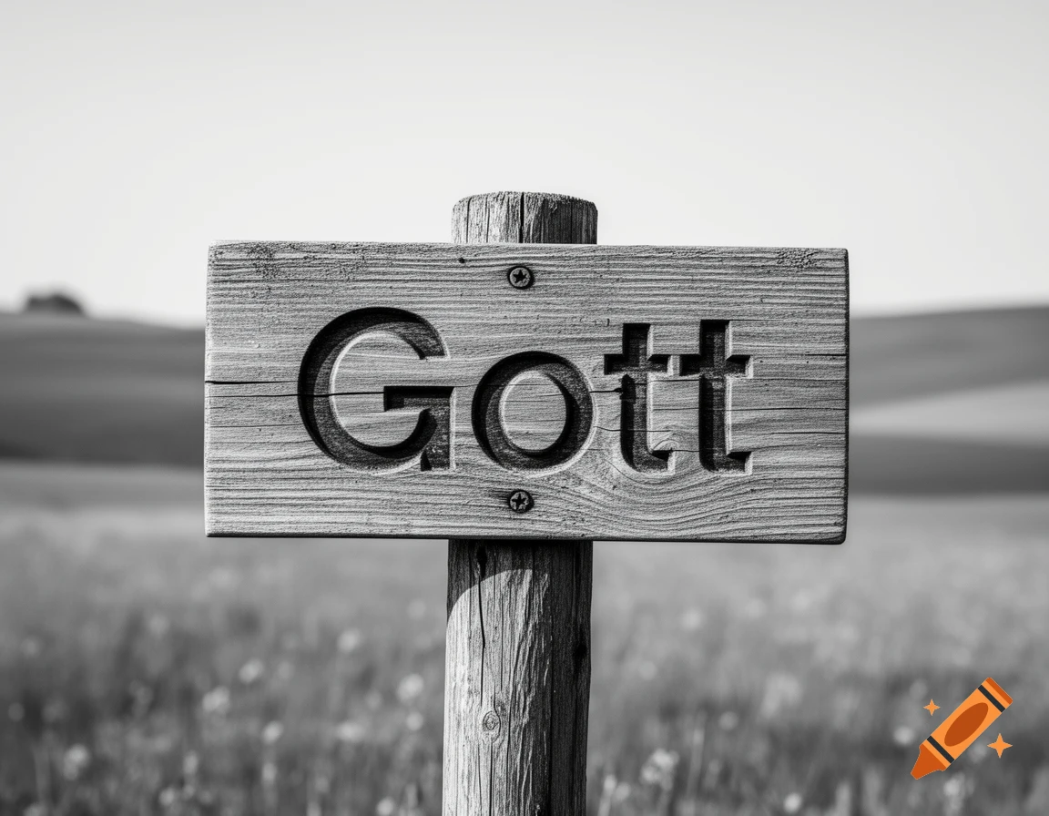 A rustic wooden sign with the word 'Gott' carved into it, standing in a grassy field under a bright sky, rendered in black and white.