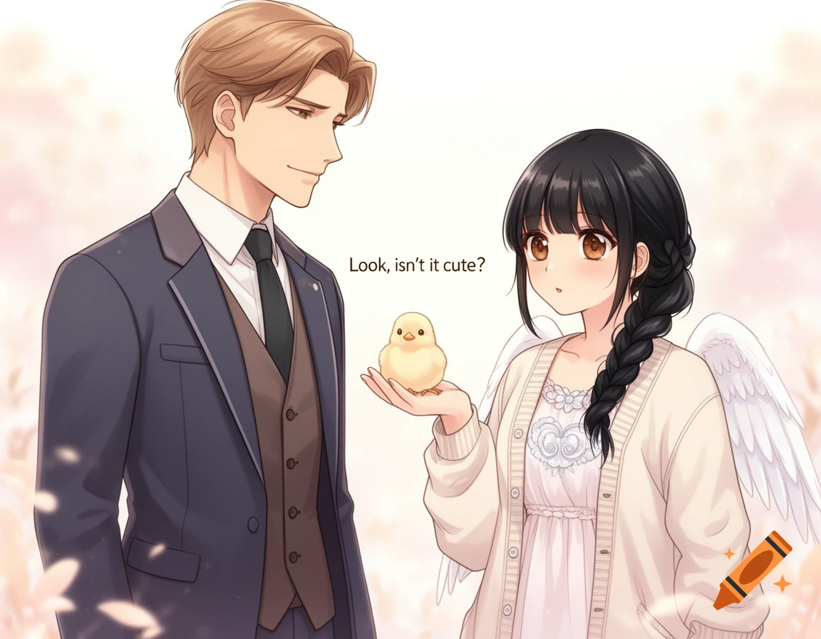 Anime man in suit smiles at winged woman holding a chick, with text 'Look, isn't it cute?'
