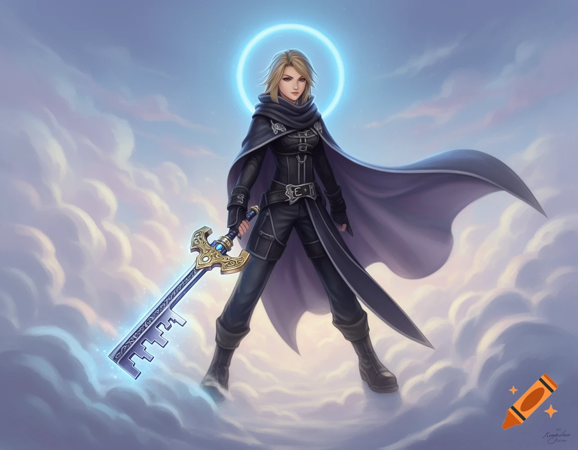 A blonde woman in dark clothing and a flowing cape stands among clouds, holding a glowing blue keyblade, with a bright halo above her head.