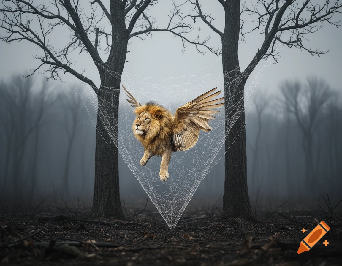 Winged lion caught in a conical spiderweb between two barren trees in a misty, dead forest.