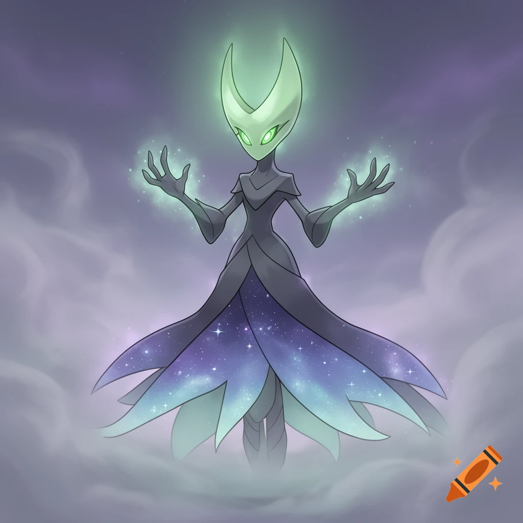 A stylized psychic-type alien creature with a crescent moon head, glowing green eyes, and a starry, gradient dress, standing in purple mist.