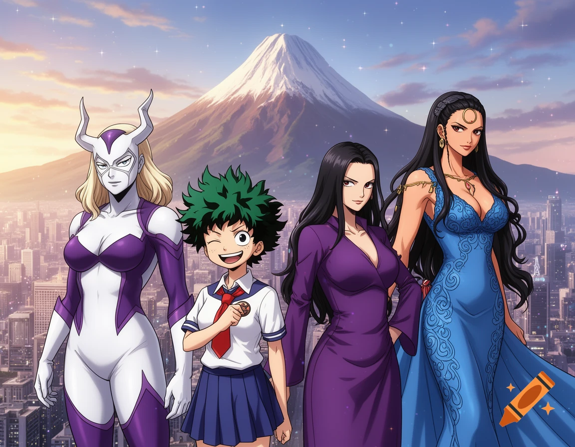 Four anime characters including Mt. Lady, a schoolboy, and two women, stand before a city skyline and Mount Fuji under a pastel sky.