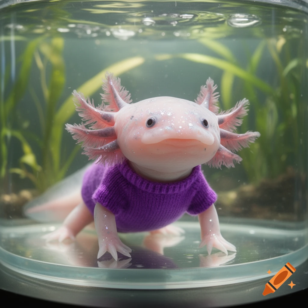 A cute pink axolotl with glittery specks wearing a purple knitted sweater, in a clear tank with green plants.