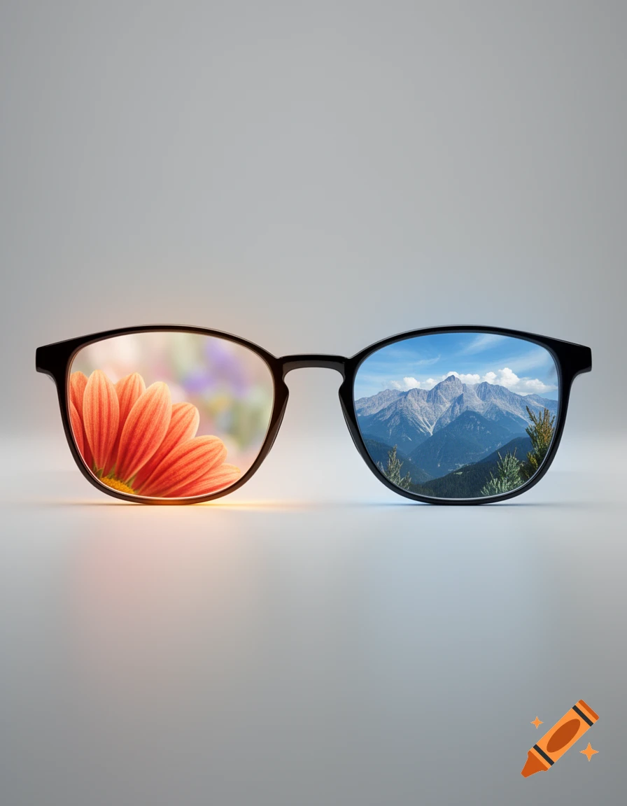 A pair of black-rimmed glasses, with the left lens showing a blurred orange flower and the right lens a clear view of distant mountains.