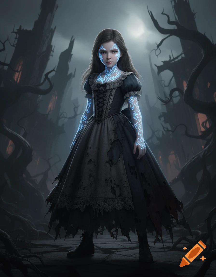 A young girl with glowing blue patterns on her face and arms, wearing a tattered dark dress, stands in a dark, eerie forest with gothic ruins.