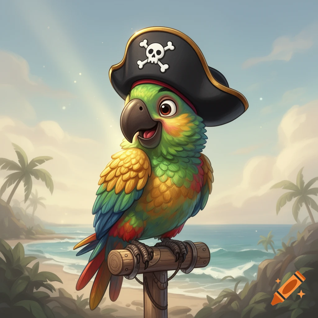 A cute, smiling cartoon parrot wearing a pirate hat, perched on a wooden post at a sunny tropical beach.
