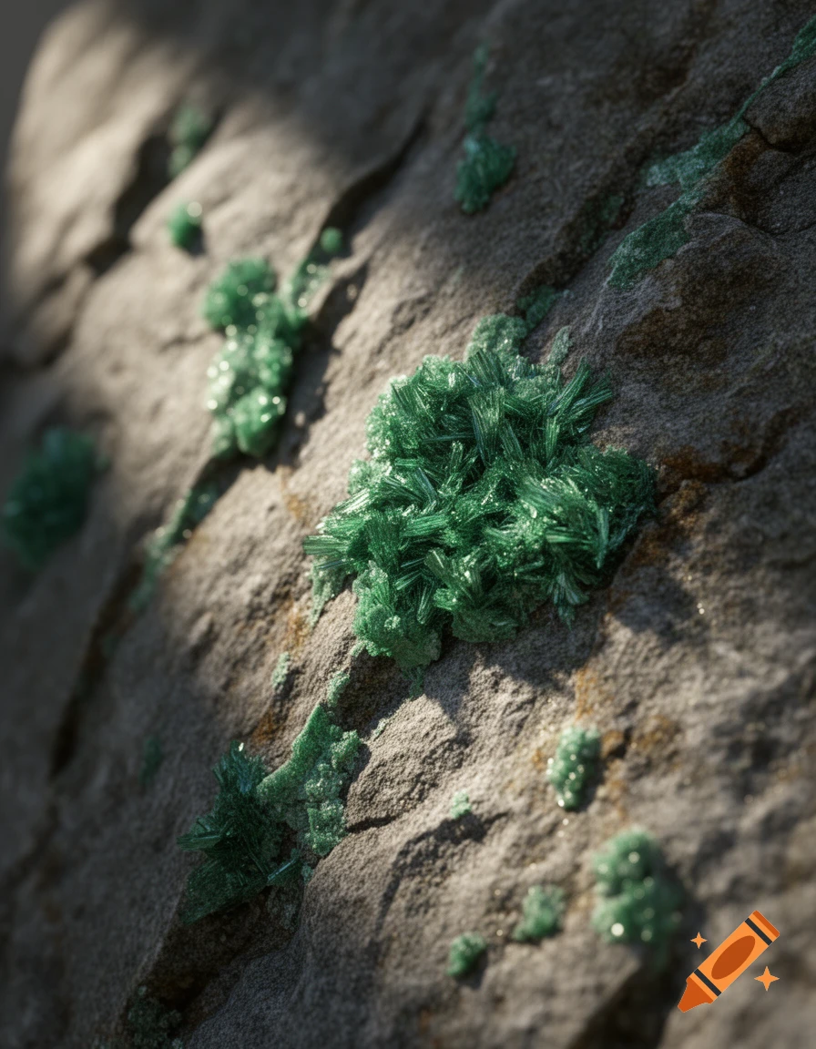 Close-up of vibrant green crystal formations growing on a rough, grey rock surface under sunlight.