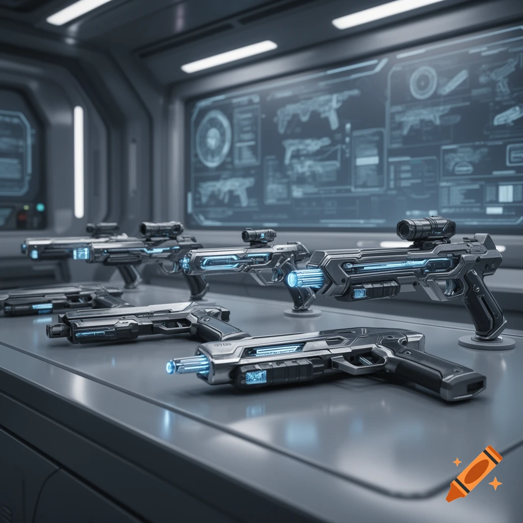 Several futuristic sci-fi plasma guns with blue glowing elements displayed on a metallic table in a high-tech room.