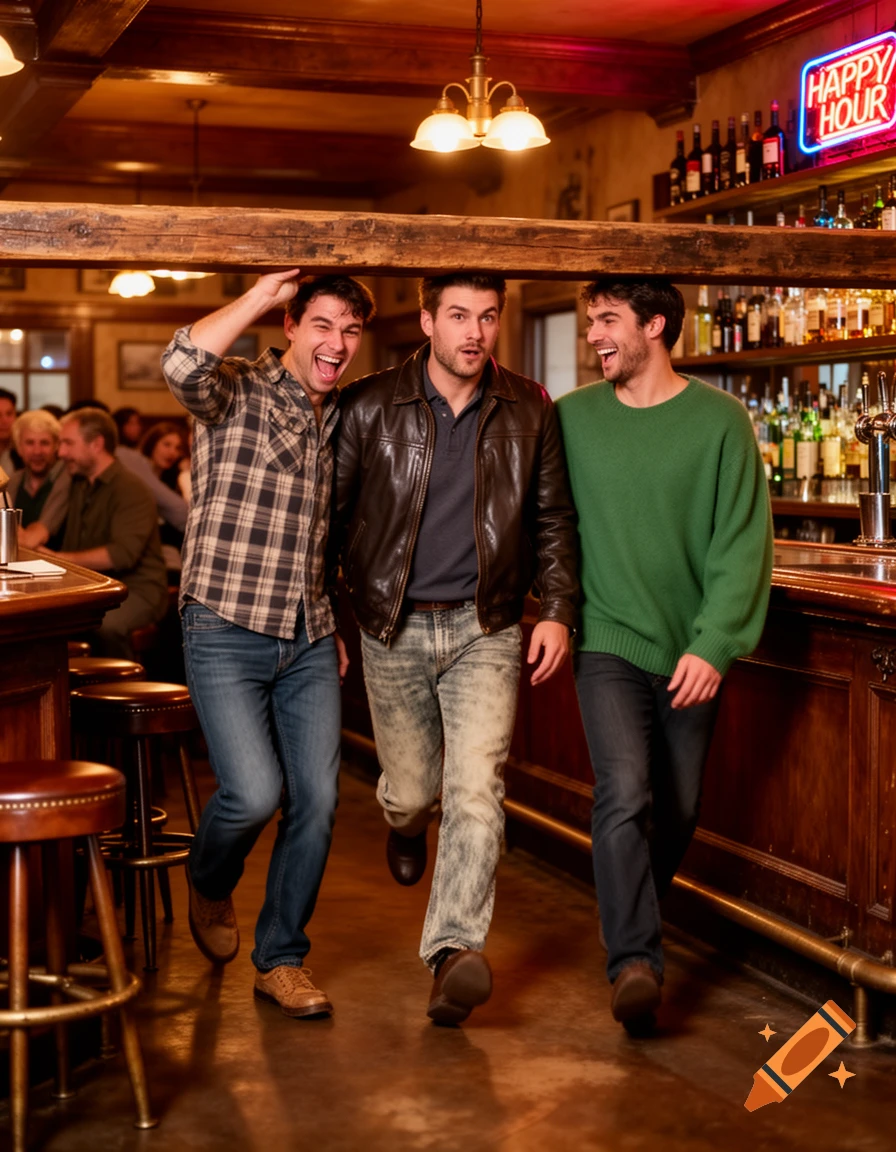 Three men react comically, appearing to have just hit their heads on a low wooden beam in a photorealistic bar setting.