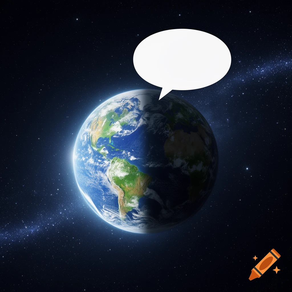 Photorealistic planet Earth floating in dark space, with an empty white speech bubble above it.