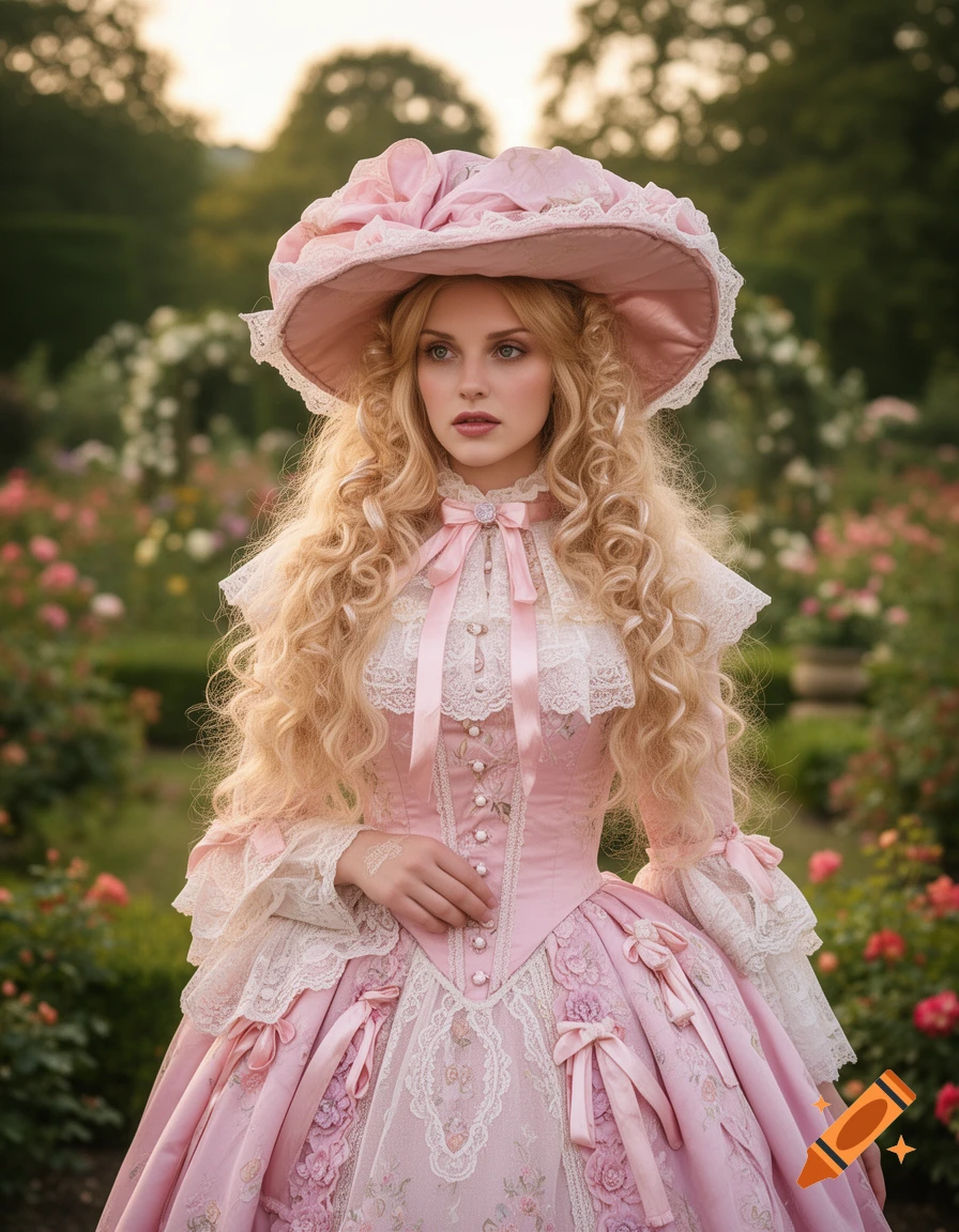 A blonde woman in a detailed pink Victorian dress and wide-brimmed hat poses in a rose garden at sunset.