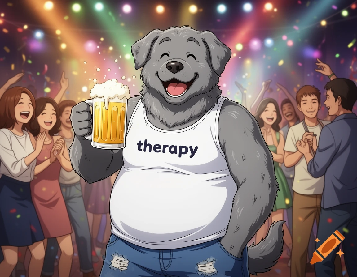 A happy, chubby gray dog in a white 'therapy' tank top and ripped jeans holds a beer at a lively anime-style party.