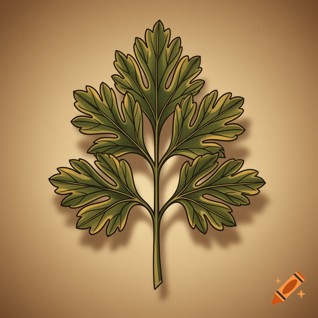 A stylized, traditional tattoo-style illustration of a parsley leaf centered on a light brown background.