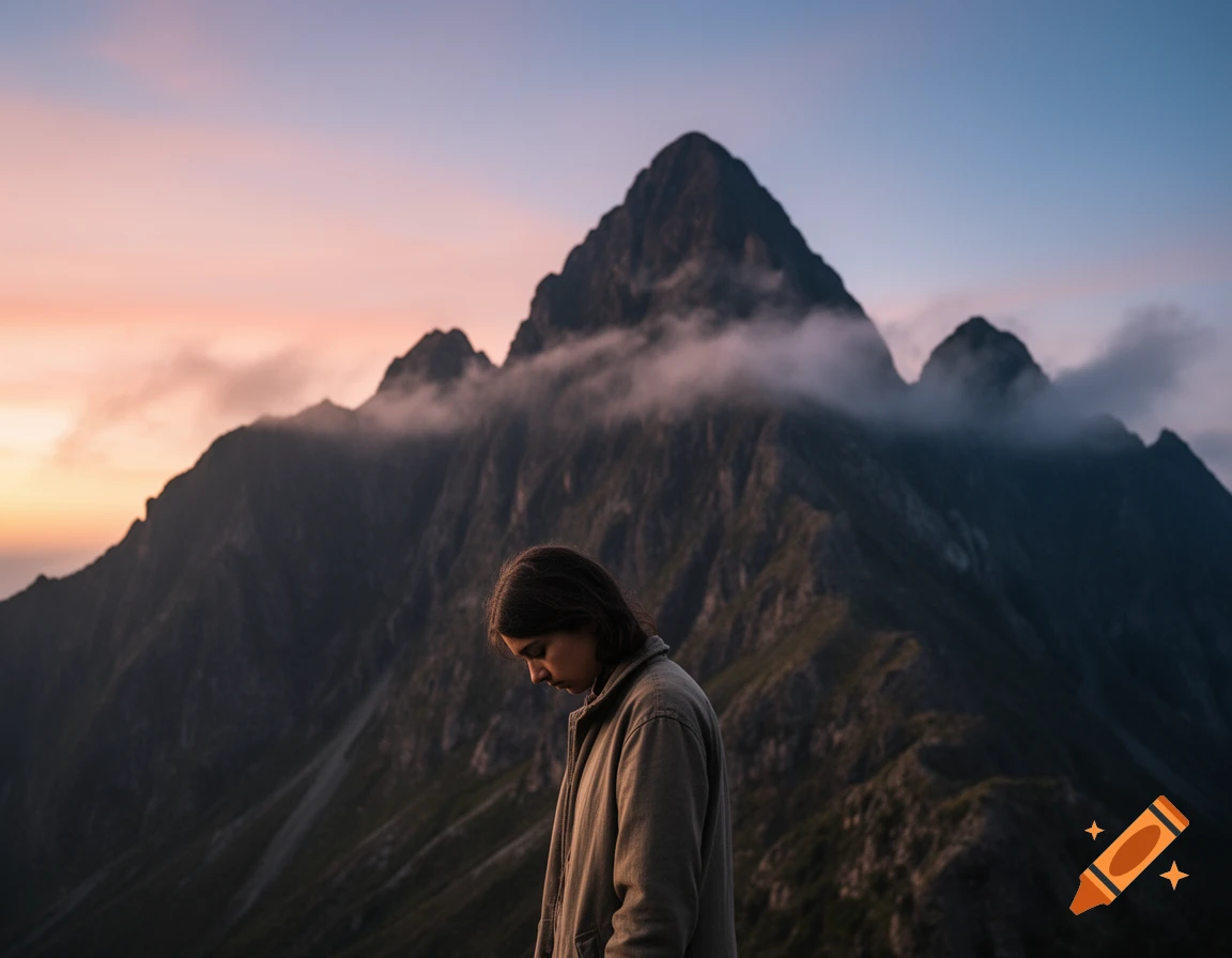 A person with long dark hair, head bowed, stands in front of majestic, cloud-covered mountains at sunset, photorealistic.