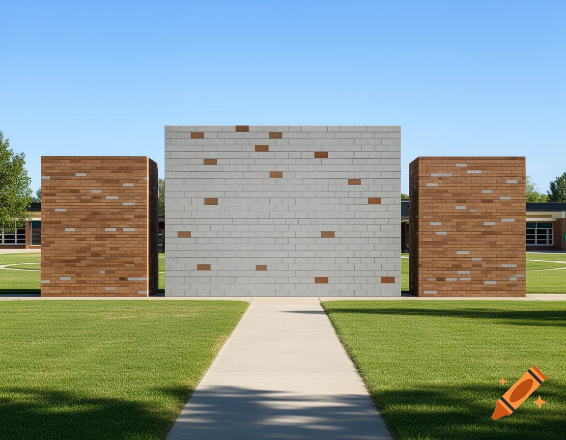 Three modern brick walls on a green lawn with a school in the background. The central wall is light gray with brown bricks, flanked by two brown walls with light gray bricks.
