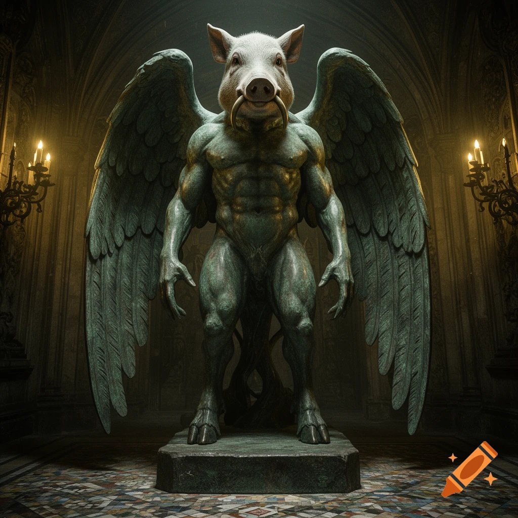 A detailed green-bronze winged pig-headed statue with a muscular humanoid body stands on a pedestal in a dimly lit, ornate hall.