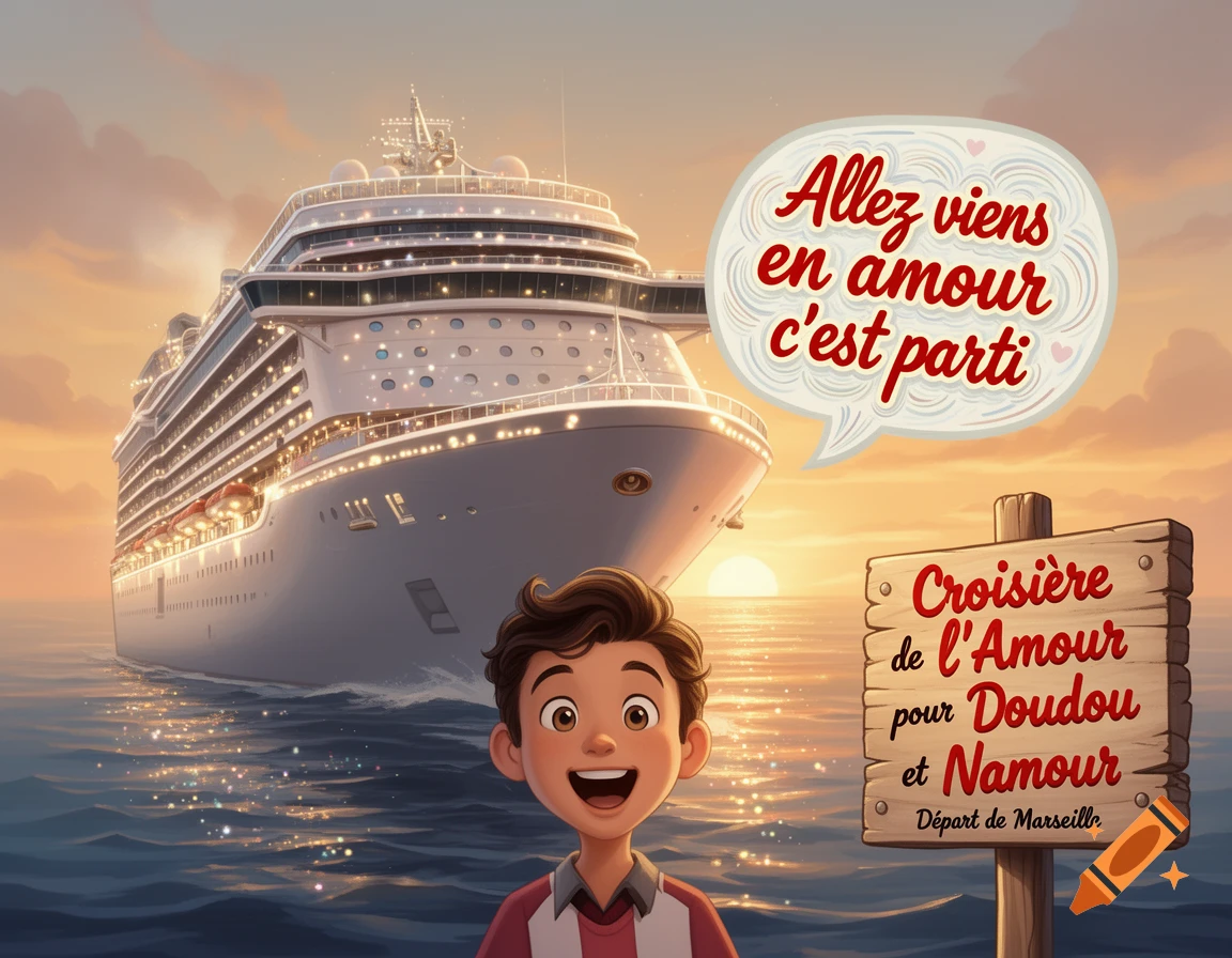 A cartoon boy smiles in front of a large cruise ship at sunset, with a speech bubble and a wooden sign for a 'Love Cruise' from Marseille.