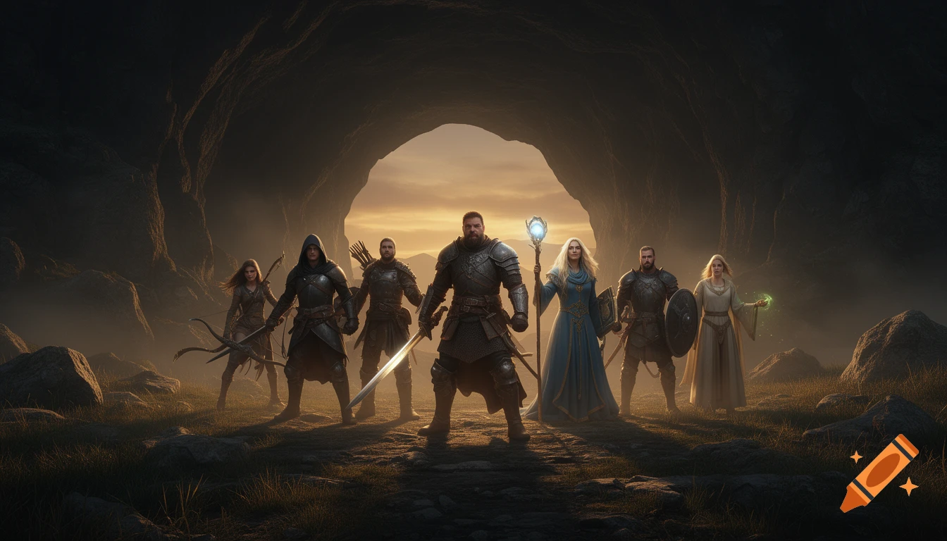 Six fantasy adventurers in armor and robes stand silhouetted against a sunset through a cave entrance, ready for a quest.