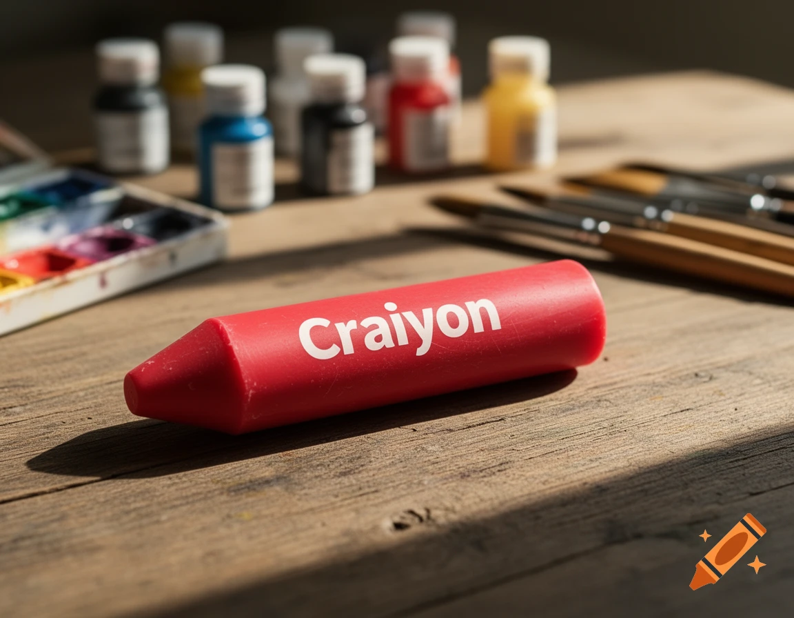 A red crayon labeled 'Craiyon' rests on a wooden table, with paintbrushes, small paint bottles, and a watercolor palette in the background.