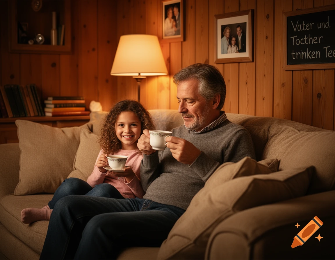 A father and daughter sit on a cozy couch, drinking tea in a warm, wood-paneled living room. Photorealistic style.