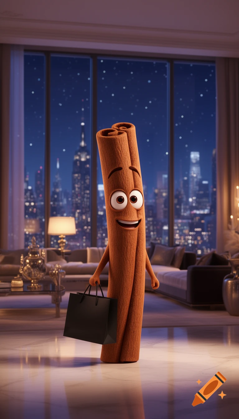 A 3D animated cinnamon stick character holding a black shopping bag in a luxury city apartment with a skyline view at night.